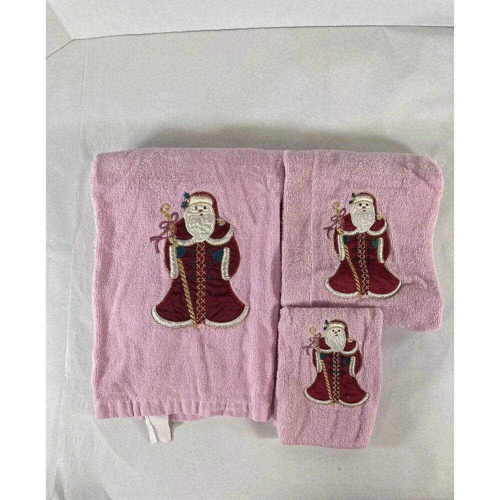 Vtg Christmas Santa Towels Pink Bath & Hand Towel & Washcloth Made In Thailand